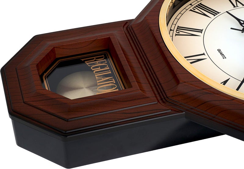 JUSTIME Traditional Schoolhouse Pendulum Wall Clock Chimes Hourly with Westminster Melody Made in Taiwan, 4AA Batteries Included (PP0258-RDW Dark Wood Grain) - Image 4